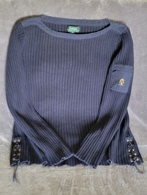 Lauren Ralph Lauren Navy Ribbed Lace-Up Side Sweater with Anchor Patch Women's M